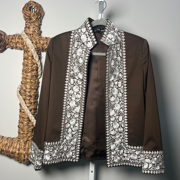 Linda Allard Ellen Tracy Brown/White Floral Embroidered Open Front Boho Jacket - Picture 1 of 7